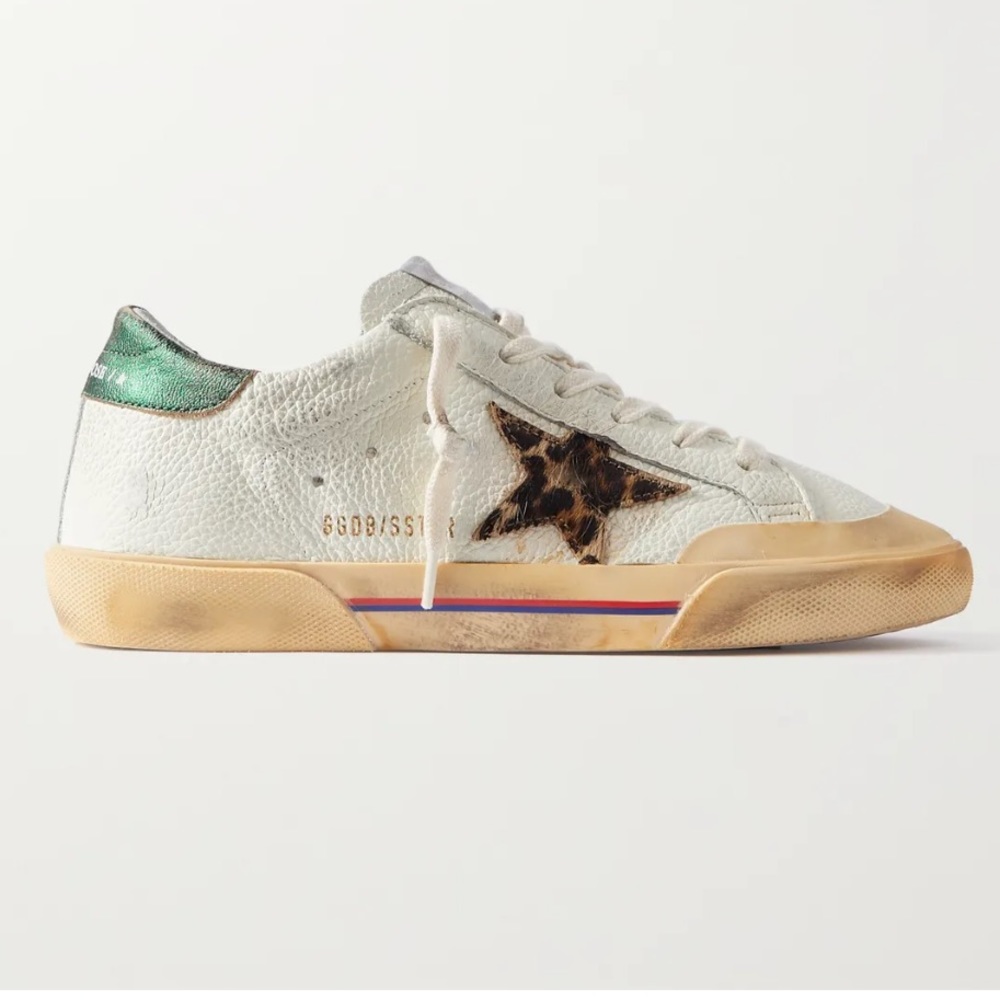 Golden Goose Superstar Penstar distressed leather, leopard-print-trimmed rubber